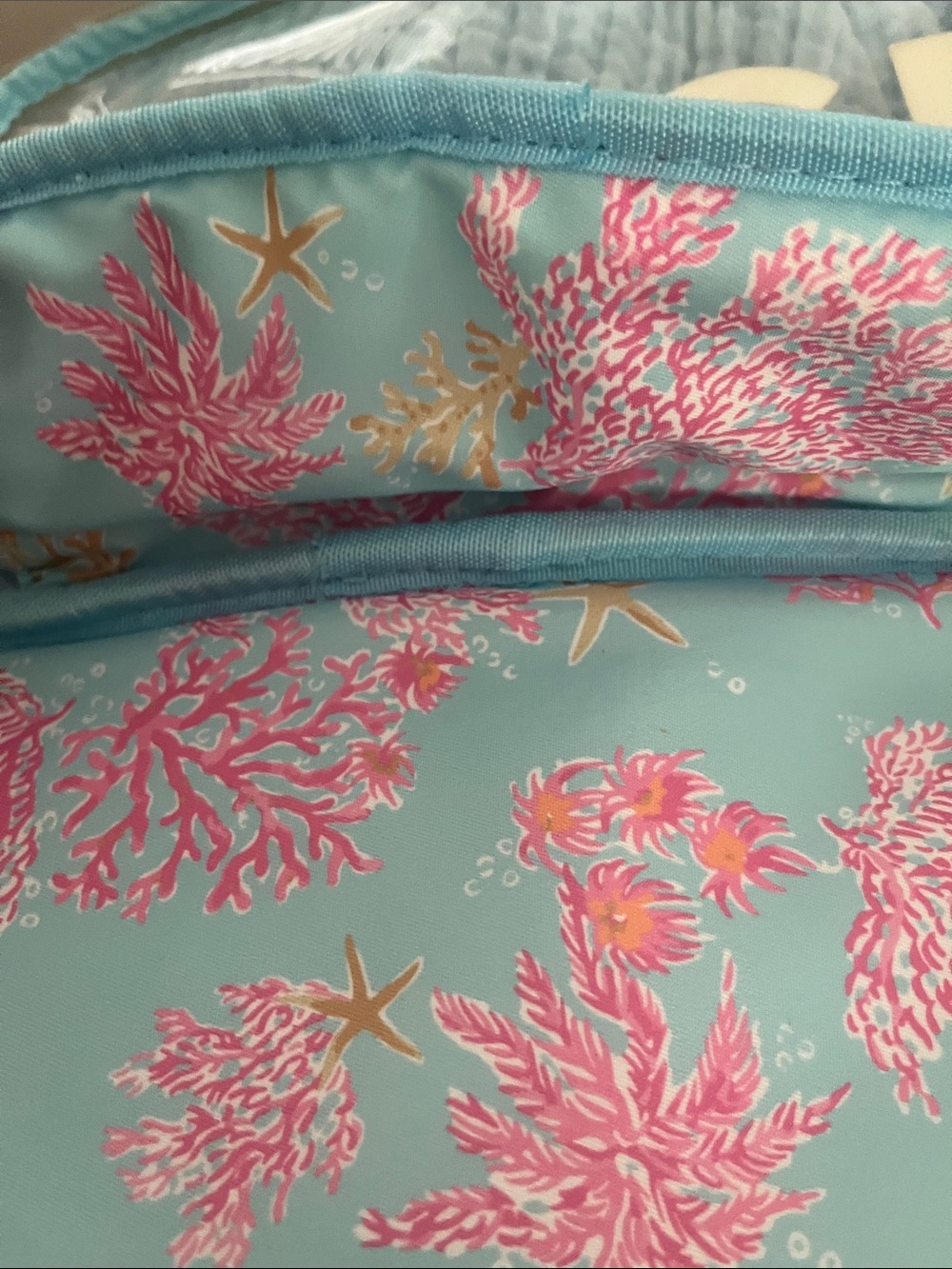 Lilly Pulitzer Clear 'BEACH' Cosmetic Bag in Aqua with Pink Coral - Picture 5 of 10